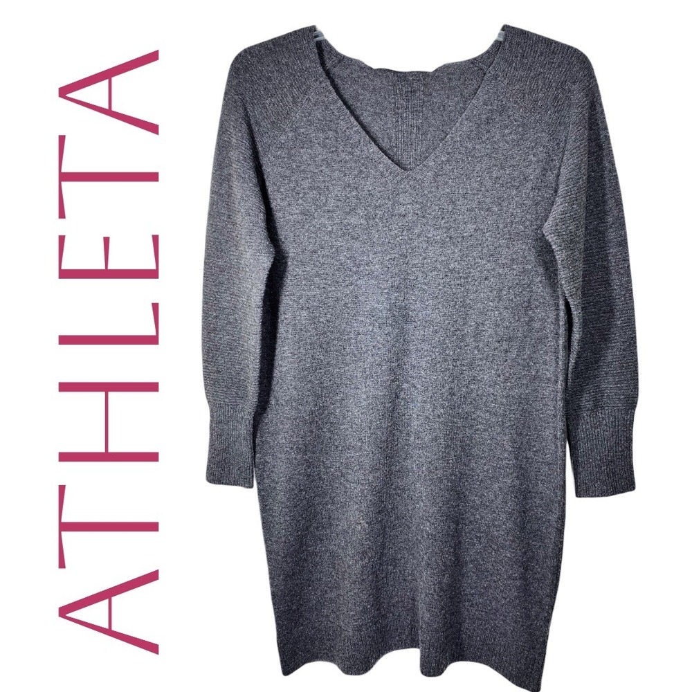 ATHLETA "Cloud" Grey Wool Cashmere V Neck Sweater Dress Knee Length Minimalist M